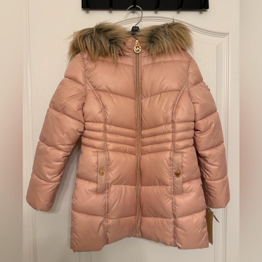 Girls Blush Puffer Winter Coat – Michael Kors – Size 5/6 Faux Fur Hood